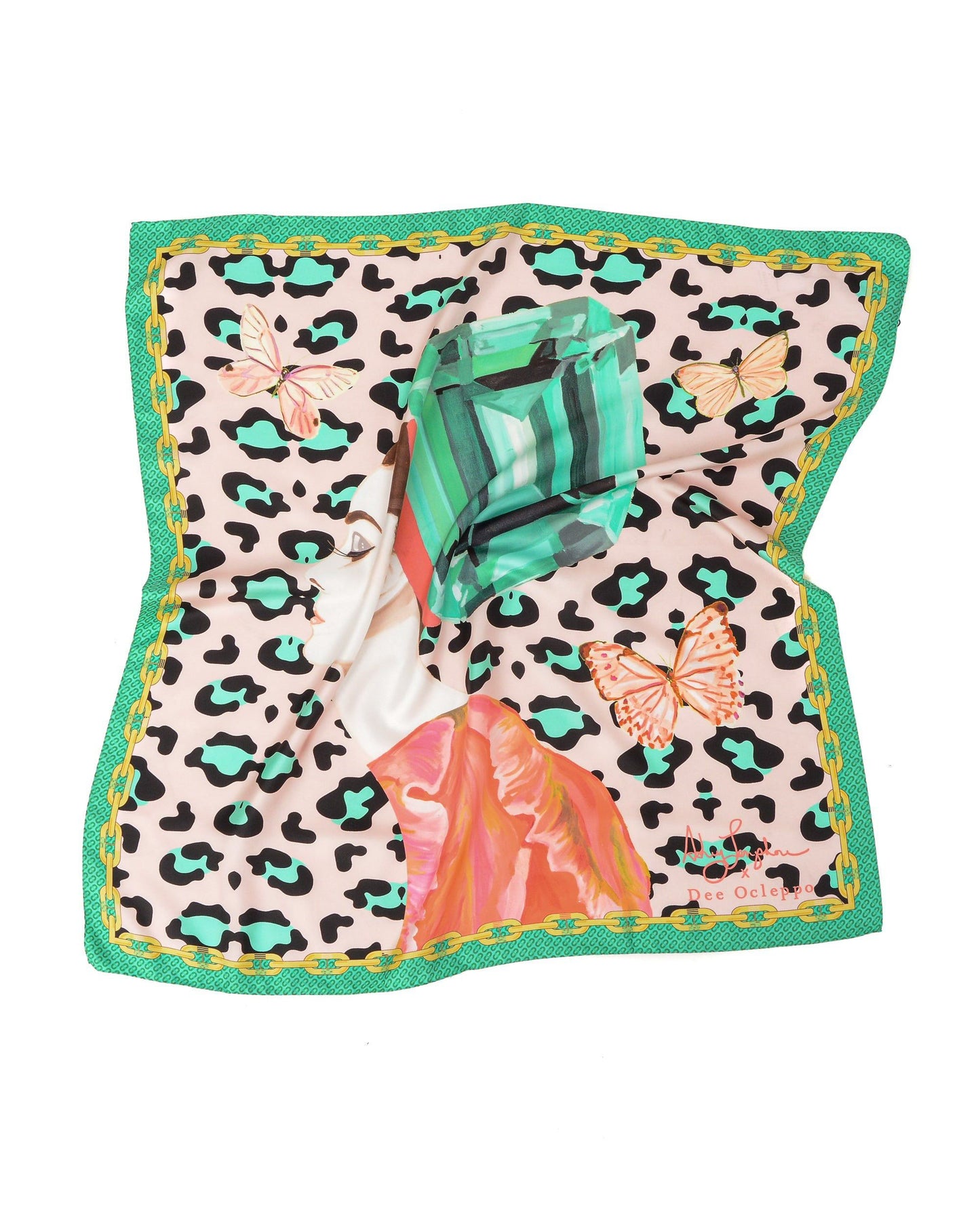 Dee X Ashley Longshore Green Leopard Silk Scarf