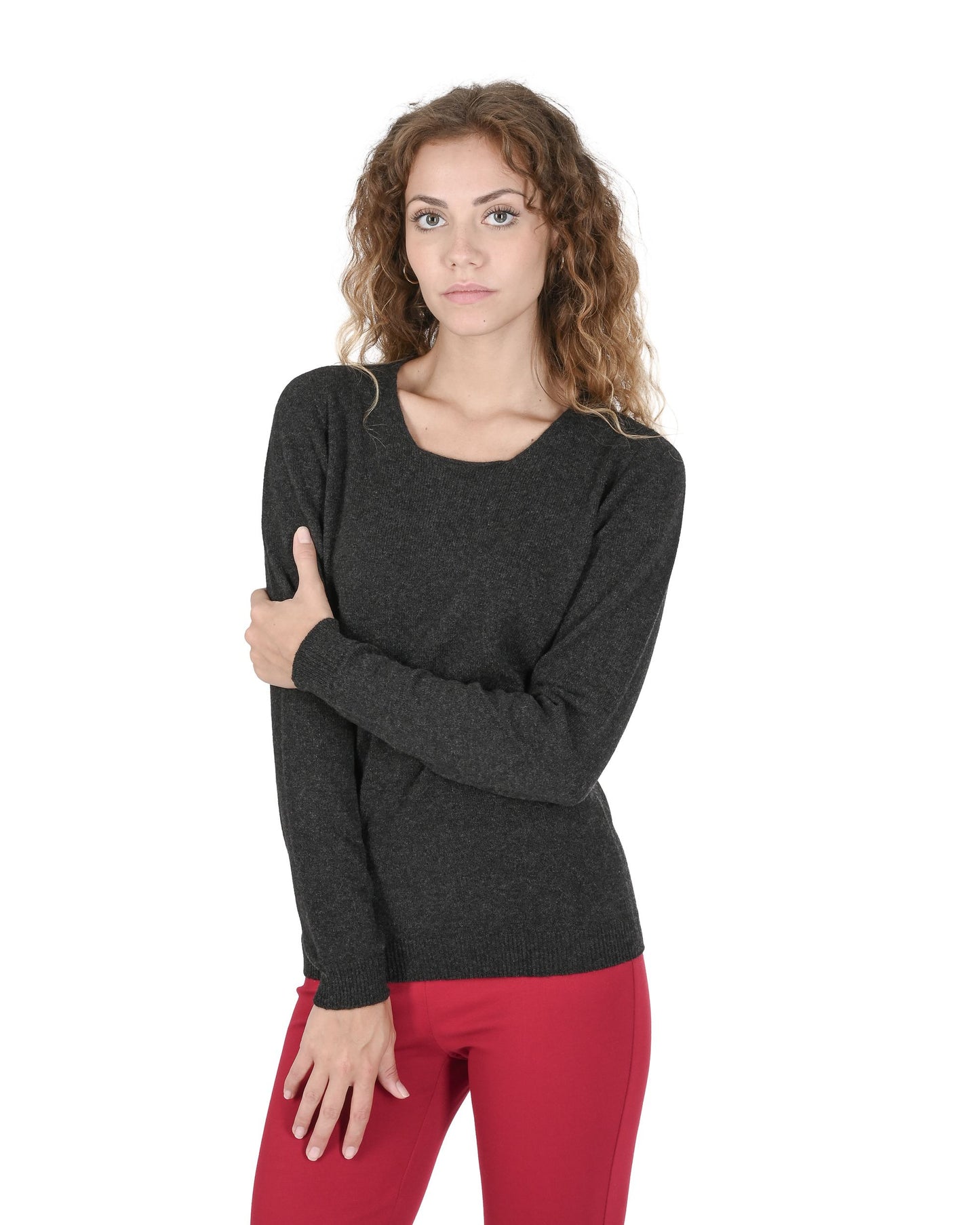 Crown of Edinburgh Cashmere Womens Square Neck Sweater COE 0024 IRON GREY