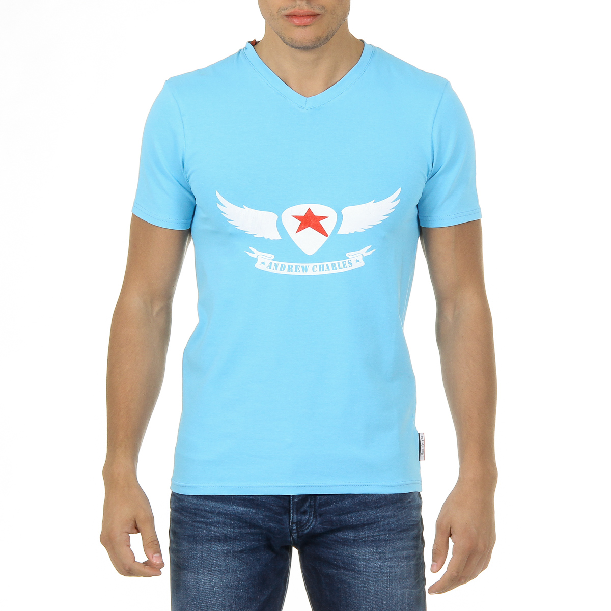 Andrew Charles Mens T-Shirt Short Sleeves V-Neck Light Blue KENAN