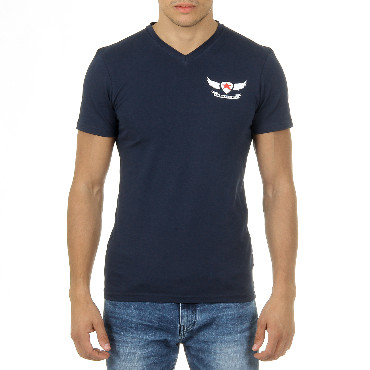 Andrew Charles Mens T-Shirt Short Sleeves V-Neck Blue KENAN