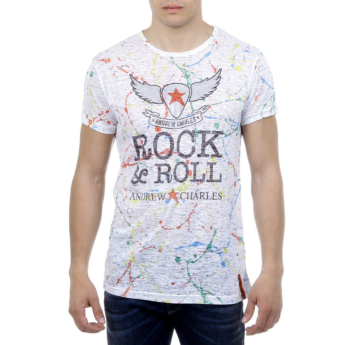 Andrew Charles Mens T-Shirt Short Sleeves Round Neck White HUNTER
