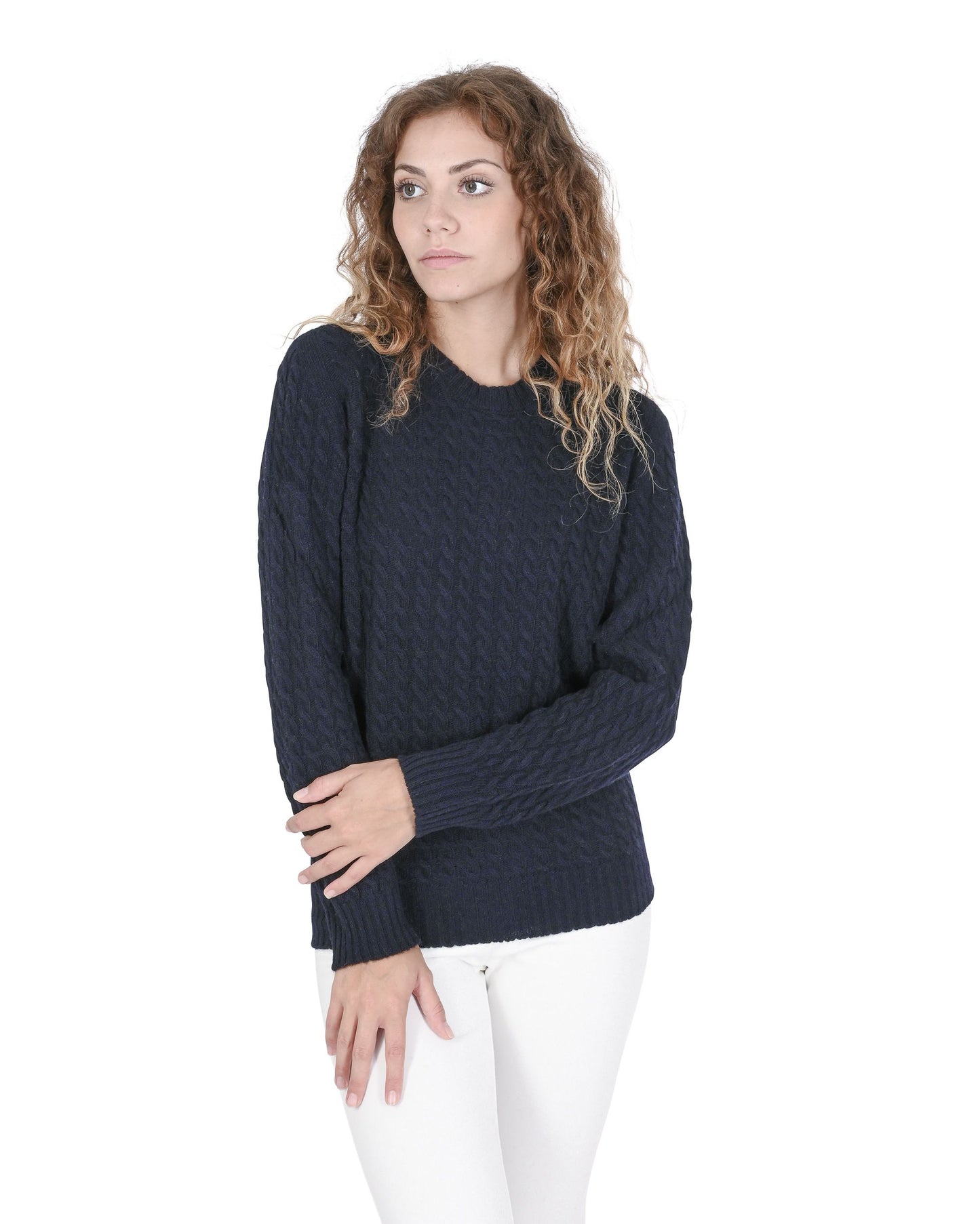 Crown of Edinburgh Cashmere Womens Round Neck Sweater COE 0013 NAVY BLUE